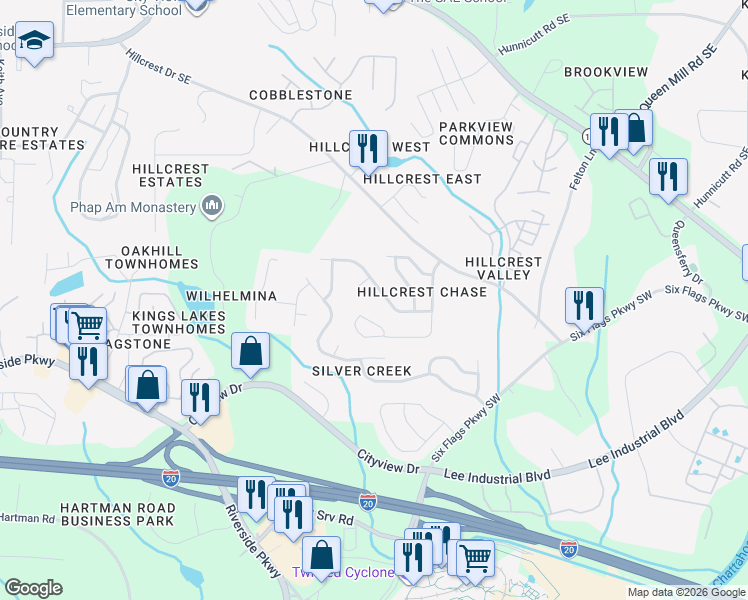 map of restaurants, bars, coffee shops, grocery stores, and more near 334 Alderman Trace Southwest in Austell