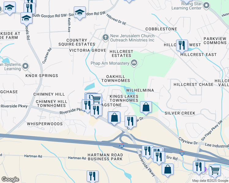 map of restaurants, bars, coffee shops, grocery stores, and more near 7178 Fringe Flower Drive in Austell
