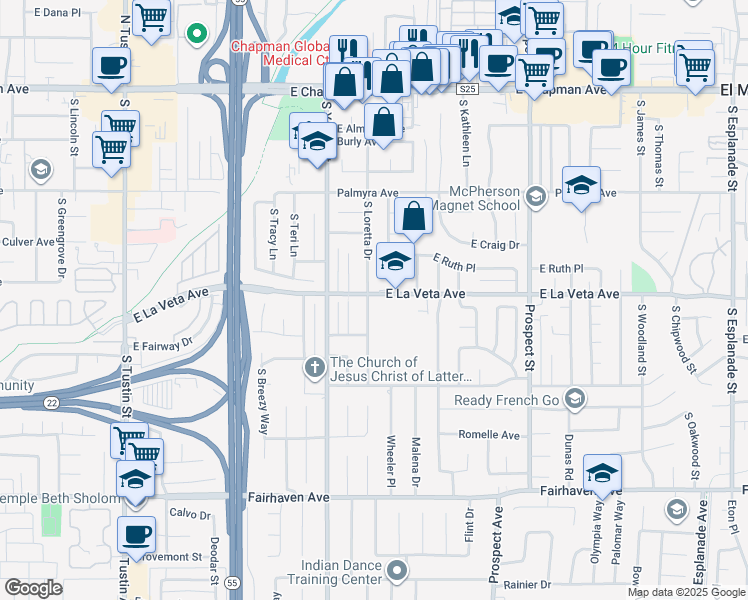 map of restaurants, bars, coffee shops, grocery stores, and more near 511 South Loretta Drive in Orange