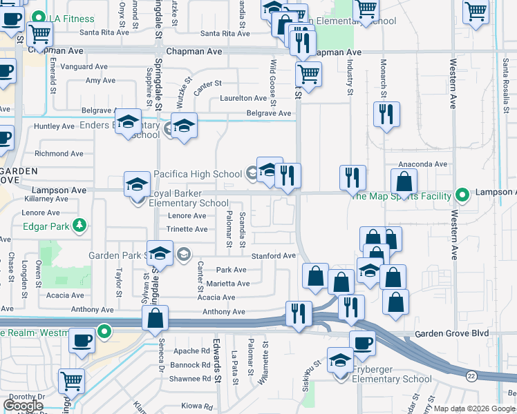 map of restaurants, bars, coffee shops, grocery stores, and more near 6848 Citriadora Court in Garden Grove