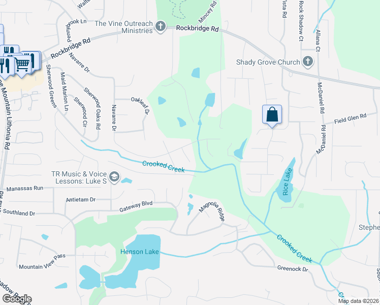 map of restaurants, bars, coffee shops, grocery stores, and more near 628 Cedrick Lane in Stone Mountain