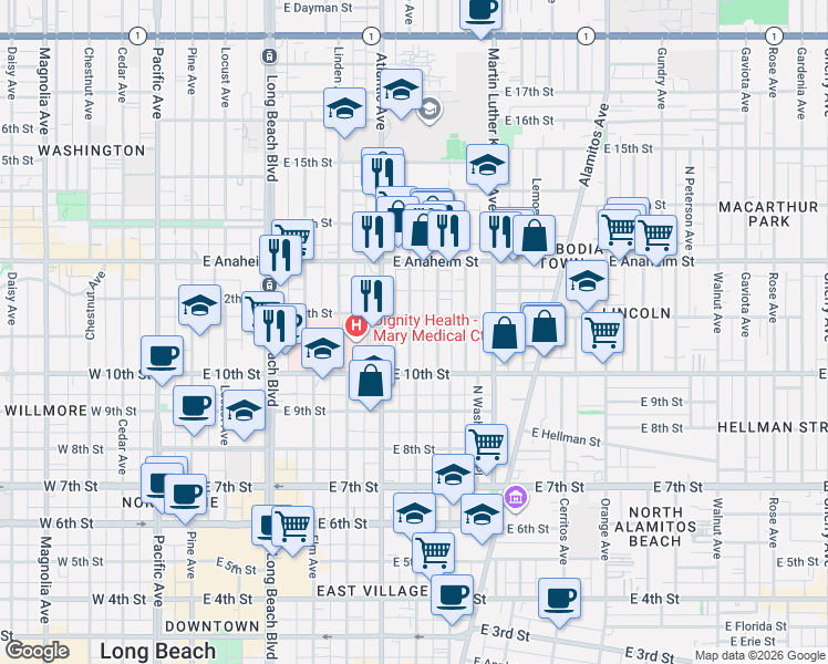 map of restaurants, bars, coffee shops, grocery stores, and more near 1051 Lime Avenue in Long Beach