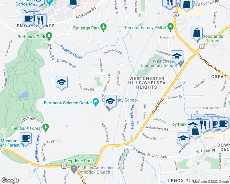 map of restaurants, bars, coffee shops, grocery stores, and more near 1815 Coventry Road in Decatur