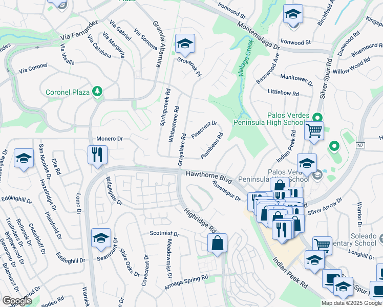 map of restaurants, bars, coffee shops, grocery stores, and more near 5968 Flambeau Road in Rancho Palos Verdes