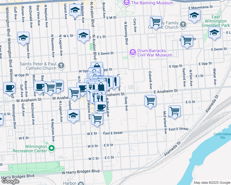 map of restaurants, bars, coffee shops, grocery stores, and more near 235 East Anaheim Street in Los Angeles