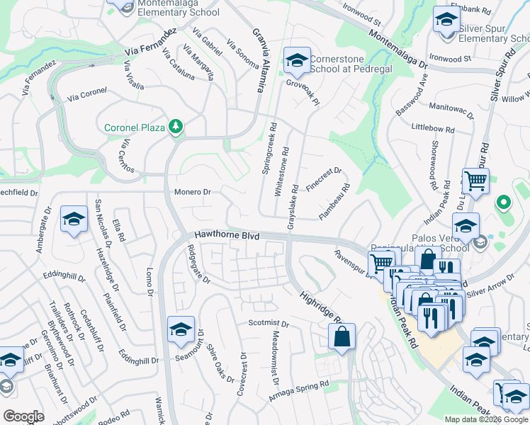 map of restaurants, bars, coffee shops, grocery stores, and more near 6051 Flambeau Road in Rancho Palos Verdes