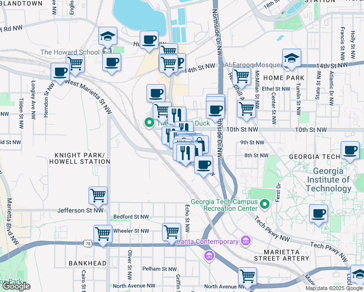 map of restaurants, bars, coffee shops, grocery stores, and more near 914 Howell Mill Road Northwest in Atlanta