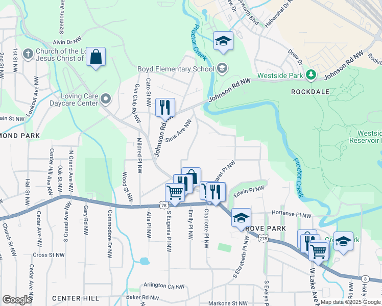 map of restaurants, bars, coffee shops, grocery stores, and more near 921 North Eugenia Place Northwest in Atlanta