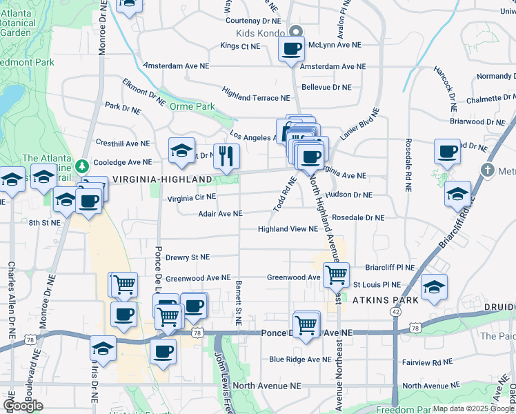 map of restaurants, bars, coffee shops, grocery stores, and more near 914 Adair Avenue Northeast in Atlanta