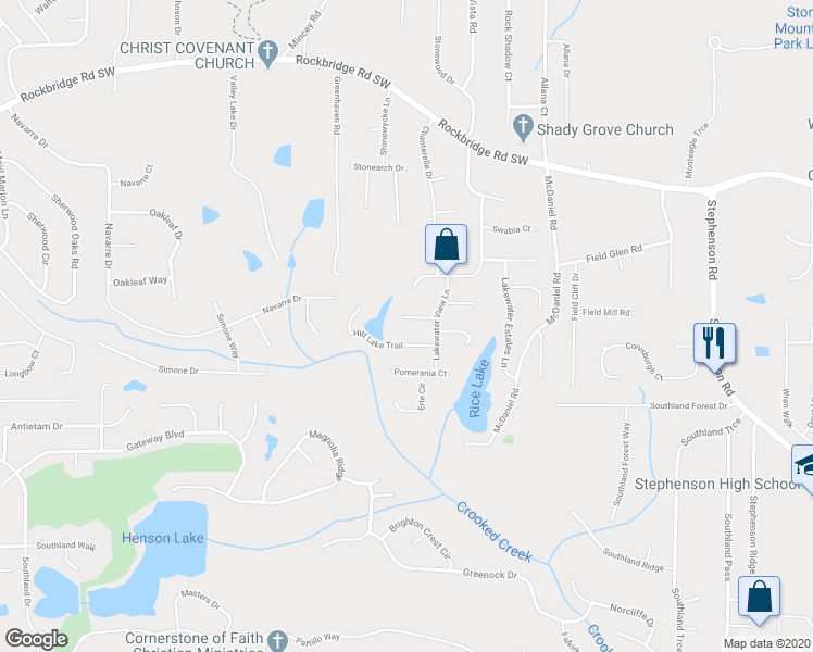 map of restaurants, bars, coffee shops, grocery stores, and more near 6039 Hitt Lake Court in Stone Mountain