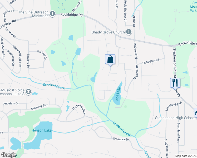 map of restaurants, bars, coffee shops, grocery stores, and more near 6032 Hitt Lake Trail in Stone Mountain