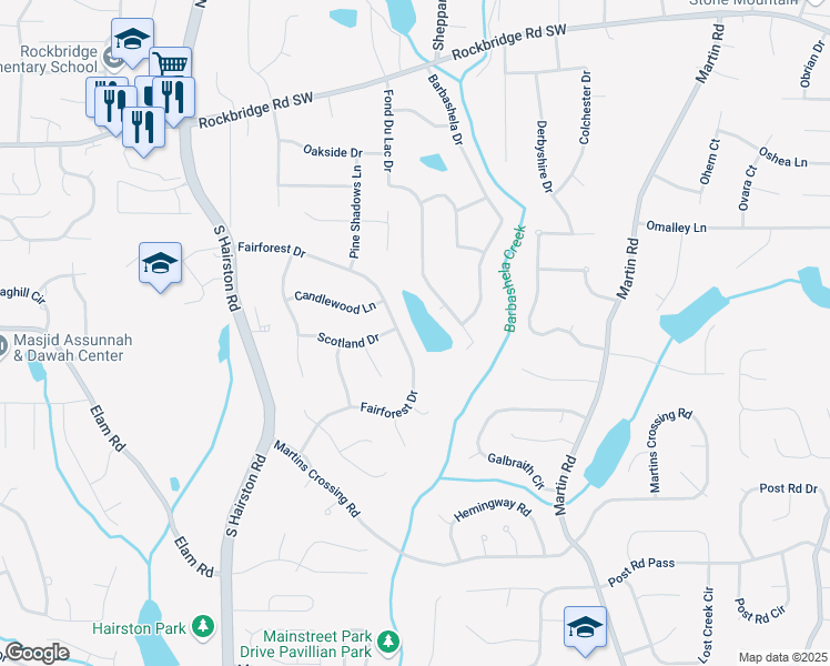 map of restaurants, bars, coffee shops, grocery stores, and more near 5000 Fairforest Drive in Stone Mountain