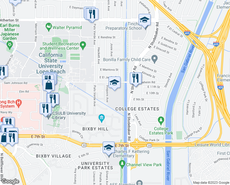 map of restaurants, bars, coffee shops, grocery stores, and more near 1100 Iroquois Avenue in Long Beach