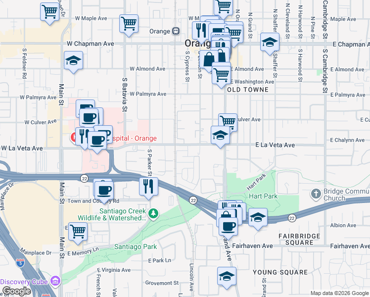 map of restaurants, bars, coffee shops, grocery stores, and more near 408 West La Veta Avenue in Orange