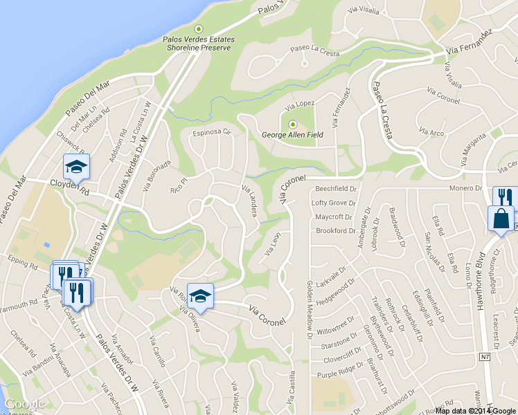 map of restaurants, bars, coffee shops, grocery stores, and more near 1253 Vía Landeta in Palos Verdes Estates