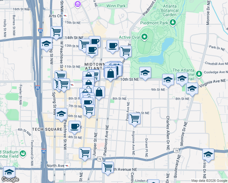 map of restaurants, bars, coffee shops, grocery stores, and more near 939 Piedmont Avenue Northeast in Atlanta