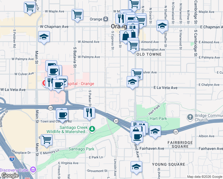 map of restaurants, bars, coffee shops, grocery stores, and more near 408 West La Veta Avenue in Orange