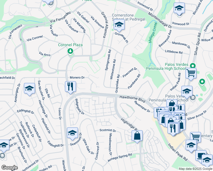 map of restaurants, bars, coffee shops, grocery stores, and more near 6051 Flambeau Road in Rancho Palos Verdes