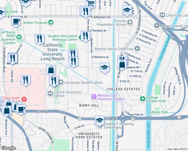 map of restaurants, bars, coffee shops, grocery stores, and more near 958 Palo Verde Avenue in Long Beach