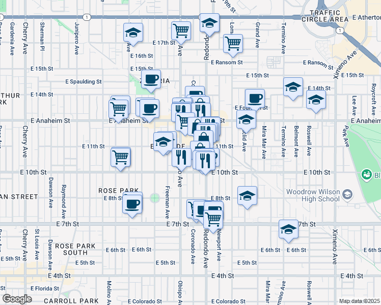 map of restaurants, bars, coffee shops, grocery stores, and more near 1075 Coronado Avenue in Long Beach