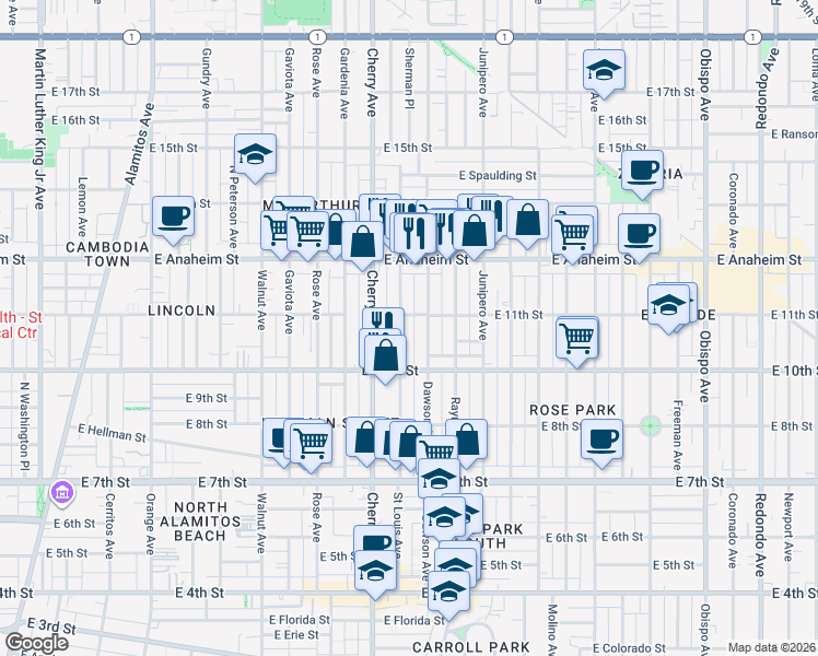 map of restaurants, bars, coffee shops, grocery stores, and more near 1074 St Louis Ave in Long Beach