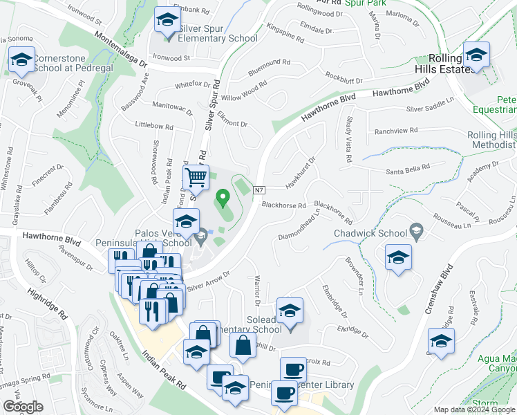 map of restaurants, bars, coffee shops, grocery stores, and more near 5044 Blackhorse Road in Rancho Palos Verdes