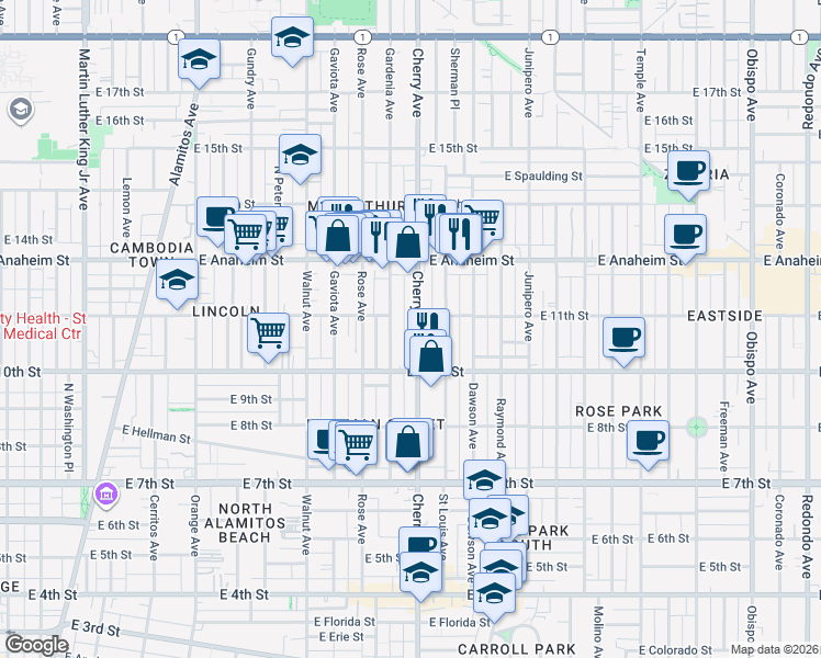 map of restaurants, bars, coffee shops, grocery stores, and more near 1050 Gardenia Avenue in Long Beach