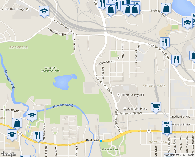 map of restaurants, bars, coffee shops, grocery stores, and more near 935 Marietta Boulevard Northwest in Atlanta