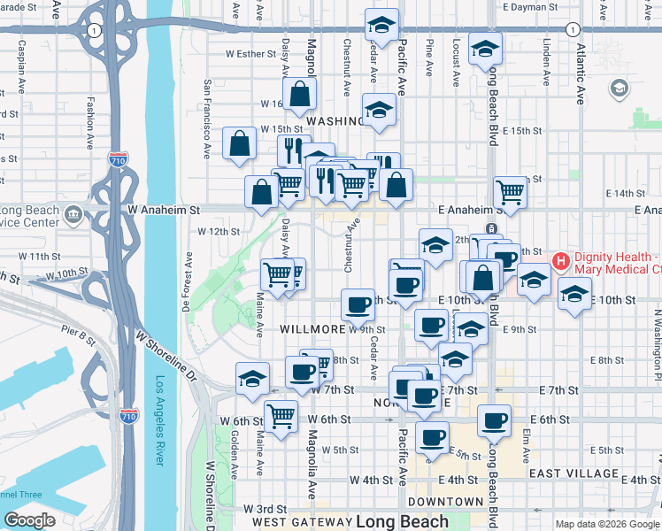 map of restaurants, bars, coffee shops, grocery stores, and more near 435 West 11th Street in Long Beach