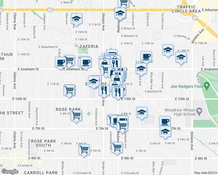map of restaurants, bars, coffee shops, grocery stores, and more near 1075 Coronado Avenue in Long Beach