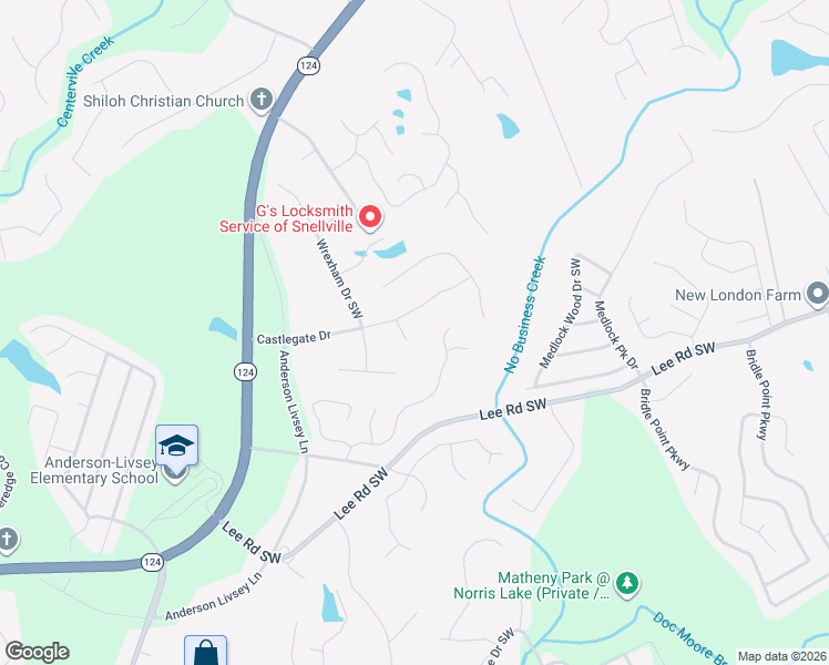 map of restaurants, bars, coffee shops, grocery stores, and more near 4196 Castle Gate Court in Snellville