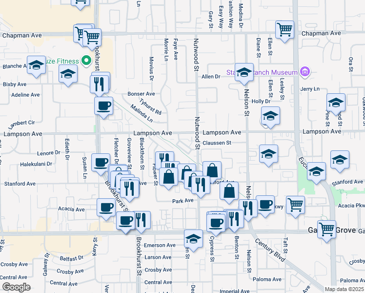 map of restaurants, bars, coffee shops, grocery stores, and more near 12571 Kensington Lane in Garden Grove