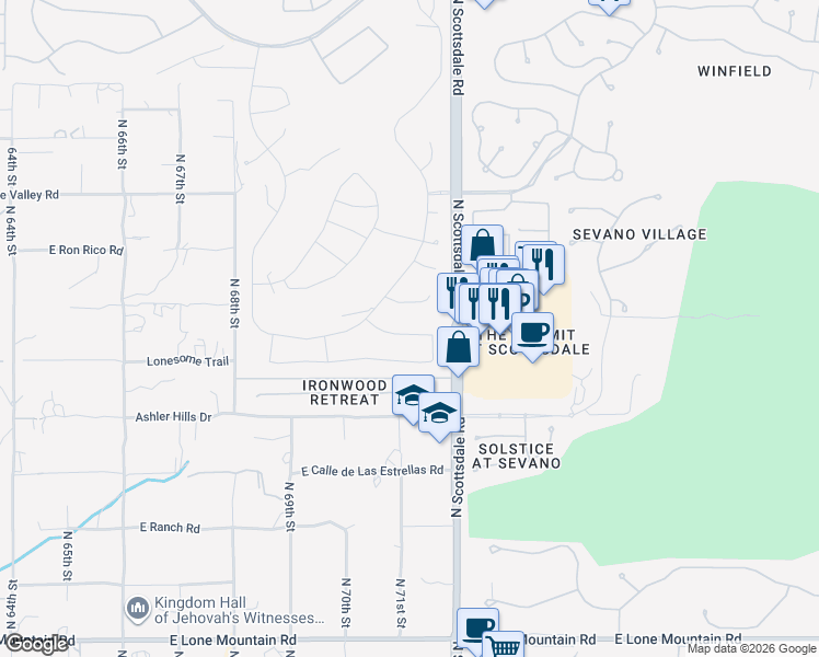 map of restaurants, bars, coffee shops, grocery stores, and more near 32476 North 71st Way in Scottsdale
