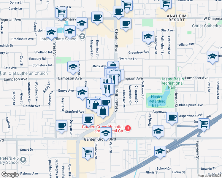 map of restaurants, bars, coffee shops, grocery stores, and more near 12625 South Harbor Boulevard in Garden Grove
