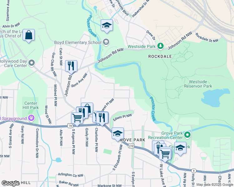 map of restaurants, bars, coffee shops, grocery stores, and more near 94 Margaret Place Northwest in Atlanta