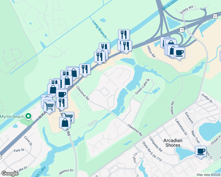map of restaurants, bars, coffee shops, grocery stores, and more near 9750 Leyland Drive in Myrtle Beach