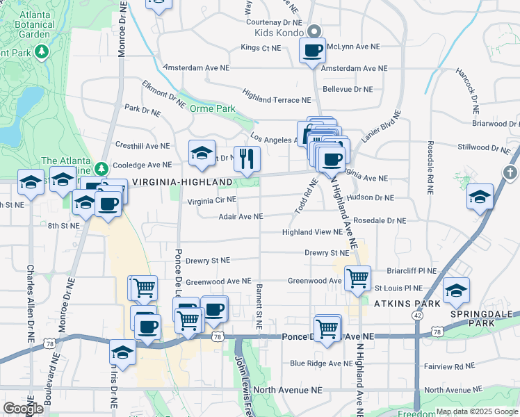 map of restaurants, bars, coffee shops, grocery stores, and more near 882 Adair Avenue Northeast in Atlanta