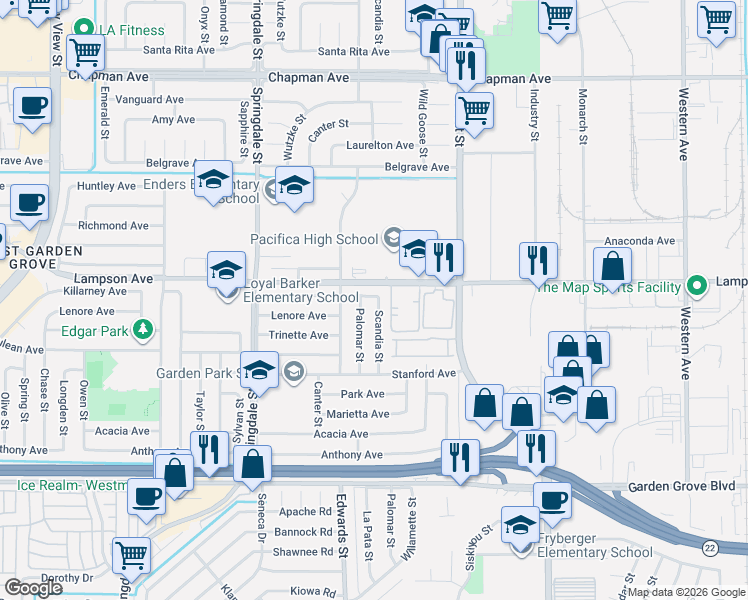 map of restaurants, bars, coffee shops, grocery stores, and more near 12541 Scandia Street in Garden Grove