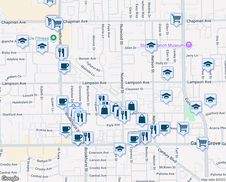map of restaurants, bars, coffee shops, grocery stores, and more near 12571 Kensington Lane in Garden Grove