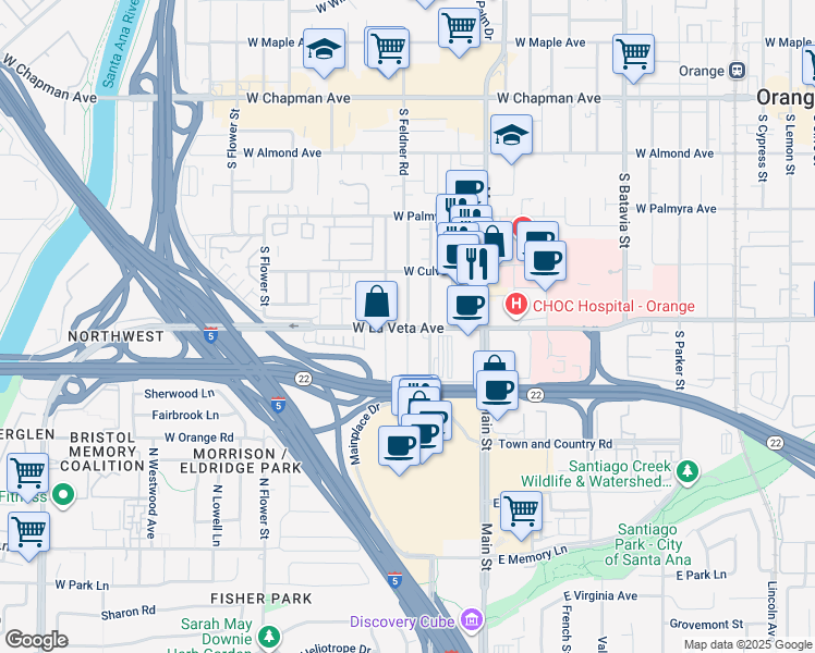 map of restaurants, bars, coffee shops, grocery stores, and more near in Orange