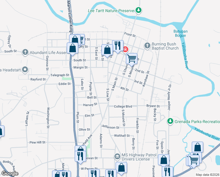 map of restaurants, bars, coffee shops, grocery stores, and more near 436 South Main Street in Grenada