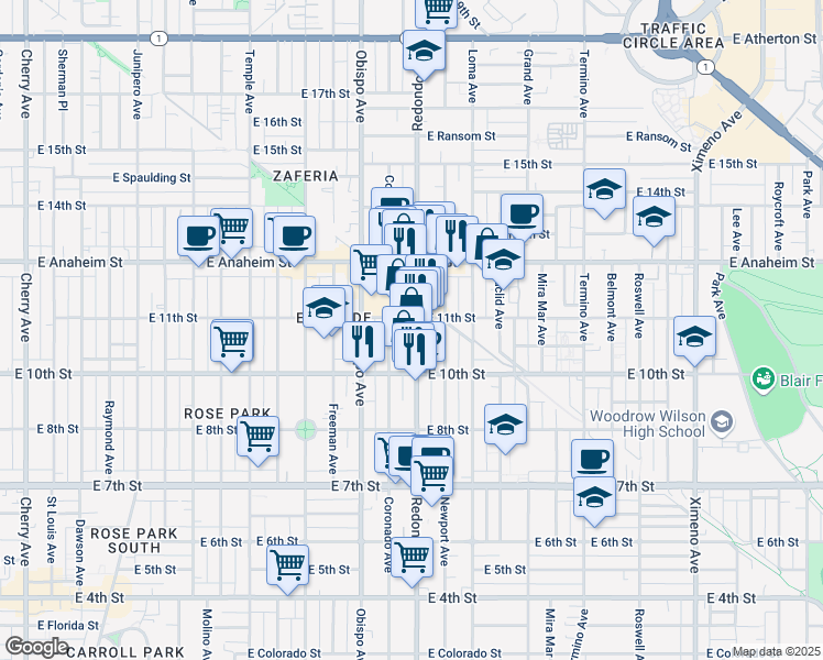 map of restaurants, bars, coffee shops, grocery stores, and more near 1075 Redondo Avenue in Long Beach