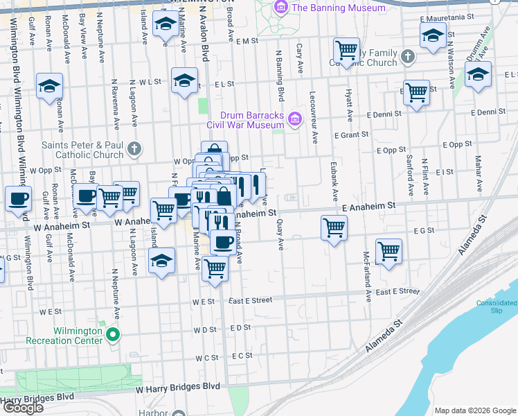 map of restaurants, bars, coffee shops, grocery stores, and more near 236 East Anaheim Street in Los Angeles