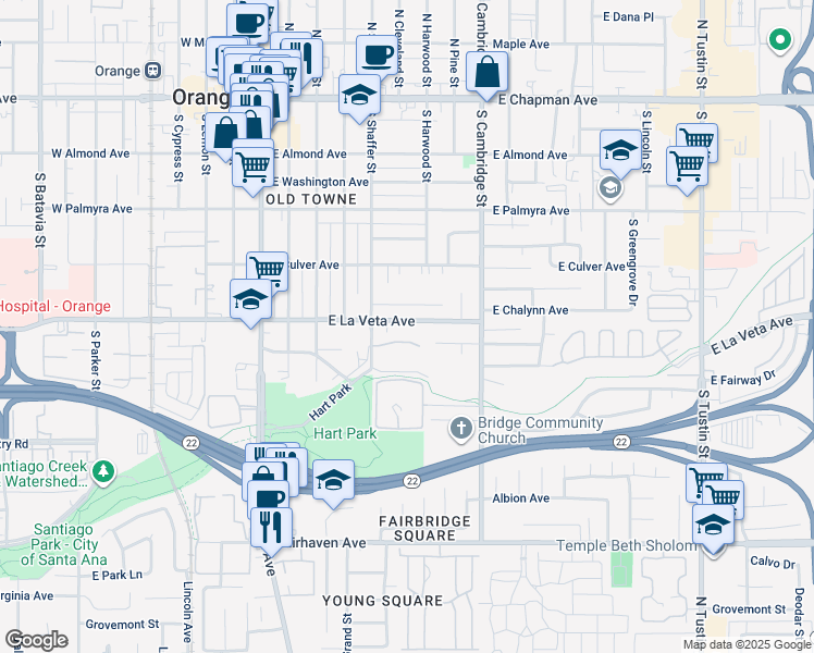 map of restaurants, bars, coffee shops, grocery stores, and more near 616 East La Veta Avenue in Orange