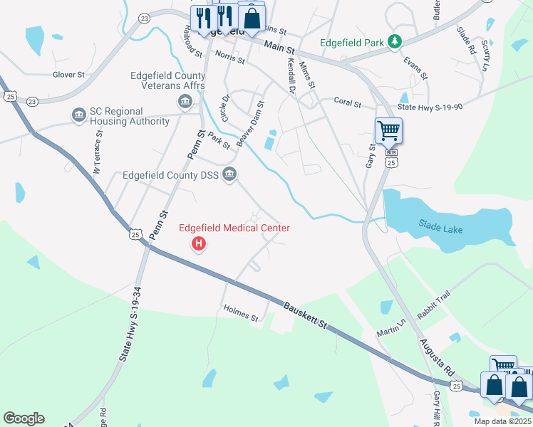 map of restaurants, bars, coffee shops, grocery stores, and more near 150 State Highway S-19-466 in Edgefield