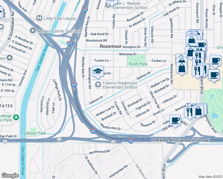 map of restaurants, bars, coffee shops, grocery stores, and more near 12582 Foster Road in Los Alamitos