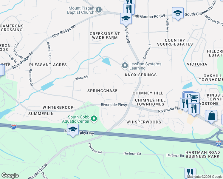 map of restaurants, bars, coffee shops, grocery stores, and more near 834 Springchase Drive in Austell