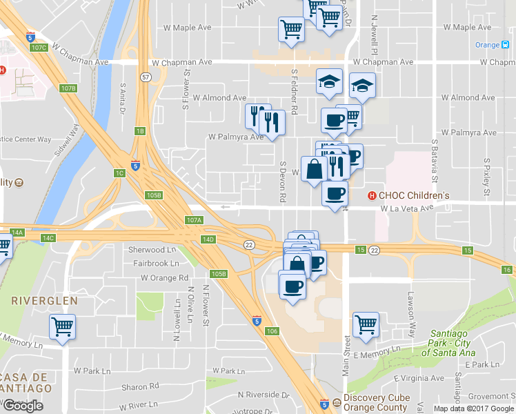 map of restaurants, bars, coffee shops, grocery stores, and more near 1908 West La Veta Avenue in Orange