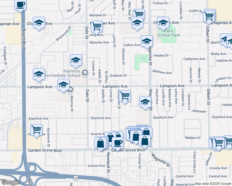 map of restaurants, bars, coffee shops, grocery stores, and more near 12552 Josephine Street in Garden Grove