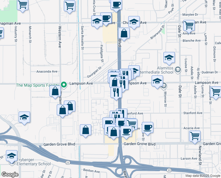 map of restaurants, bars, coffee shops, grocery stores, and more near 7959 Stepping Stone Circle in Stanton